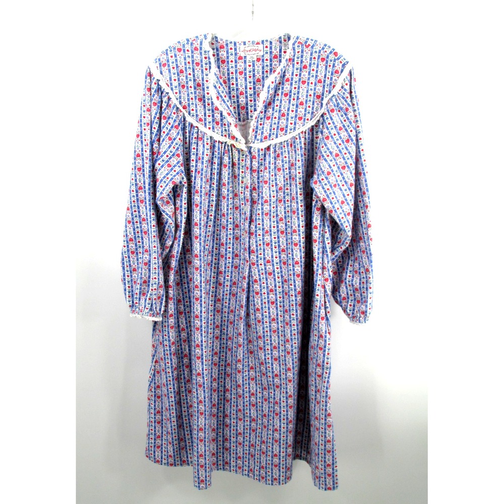 Lanz of Salzburg Nightgown Womens Medium Blue Red Hearts Lace Cotton Flannel